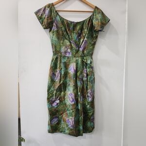 Elegant Floral Green and Purple Water Color Dress Ceil Chapman Small Vintage